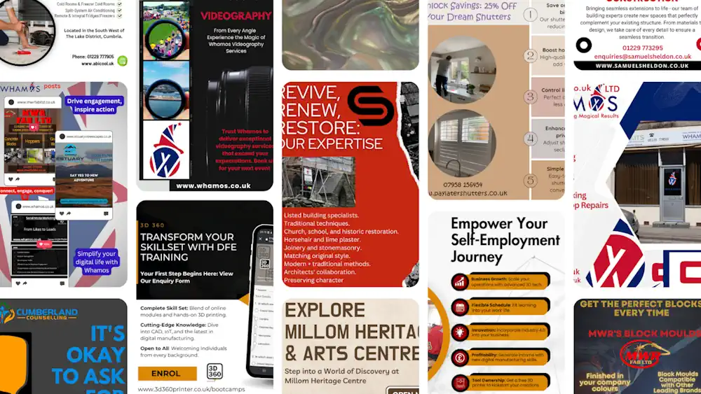 Social Media Marketing. Promotional Posters for clients collage. Web Design SEO Custom Website Design E-commerce Website Design Responsive Website Design Website Redesign SEO Optimised Website Design Web Hosting Search Engine Optimisation WHAMOS Millom Cumbria
