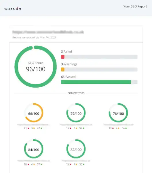 Search Engine Optimisation Cumbria report showing a score of 96/100 with competitors' scores, indicating the SEO performance of a website.