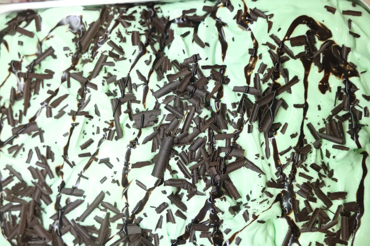 Close-up of mint choc chip ice cream flavour from Mawsons Ice Cream Parlour Seascale Cumbria