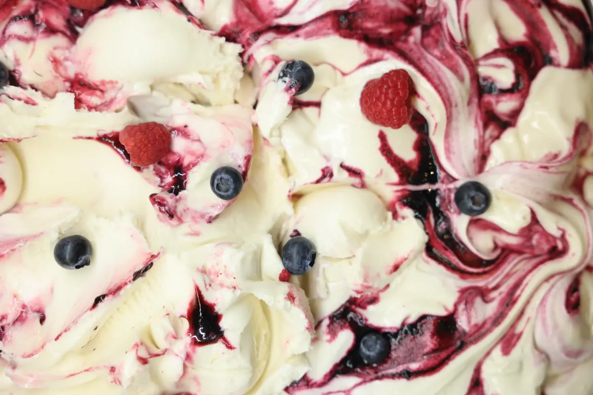 Close-up of fresh berries ice cream flavour from Mawsons Ice Cream Parlour Seascale Cumbria