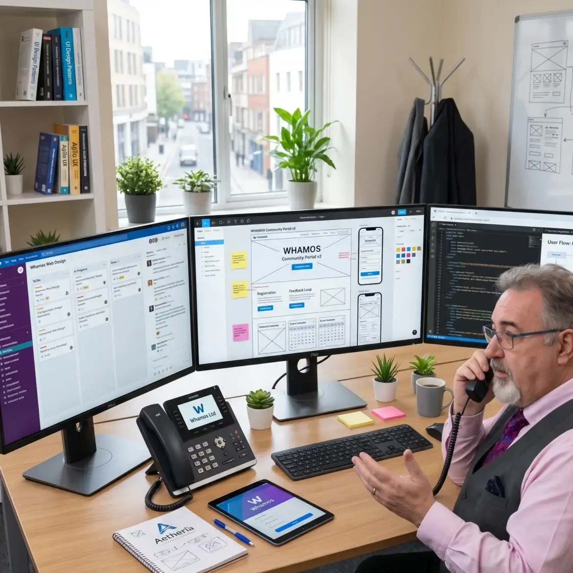 Bill on the phone with a customer about web design