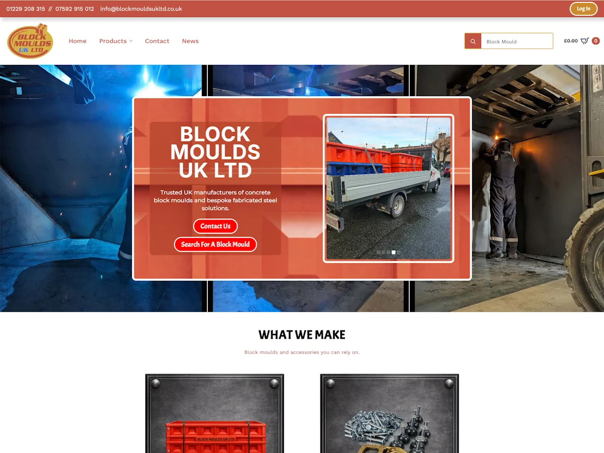 Block Moulds UK Ltd website homepage with search bar active showing block mould search results