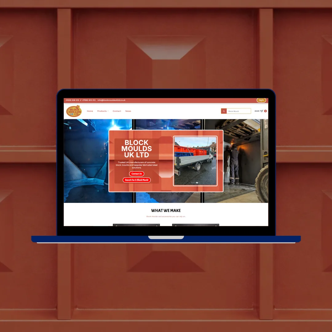 Laptop displaying the Block Moulds UK Ltd homepage with the search function active showing block mould search, plus the homepage hero with Contact Us and Search For A Block Mould buttons