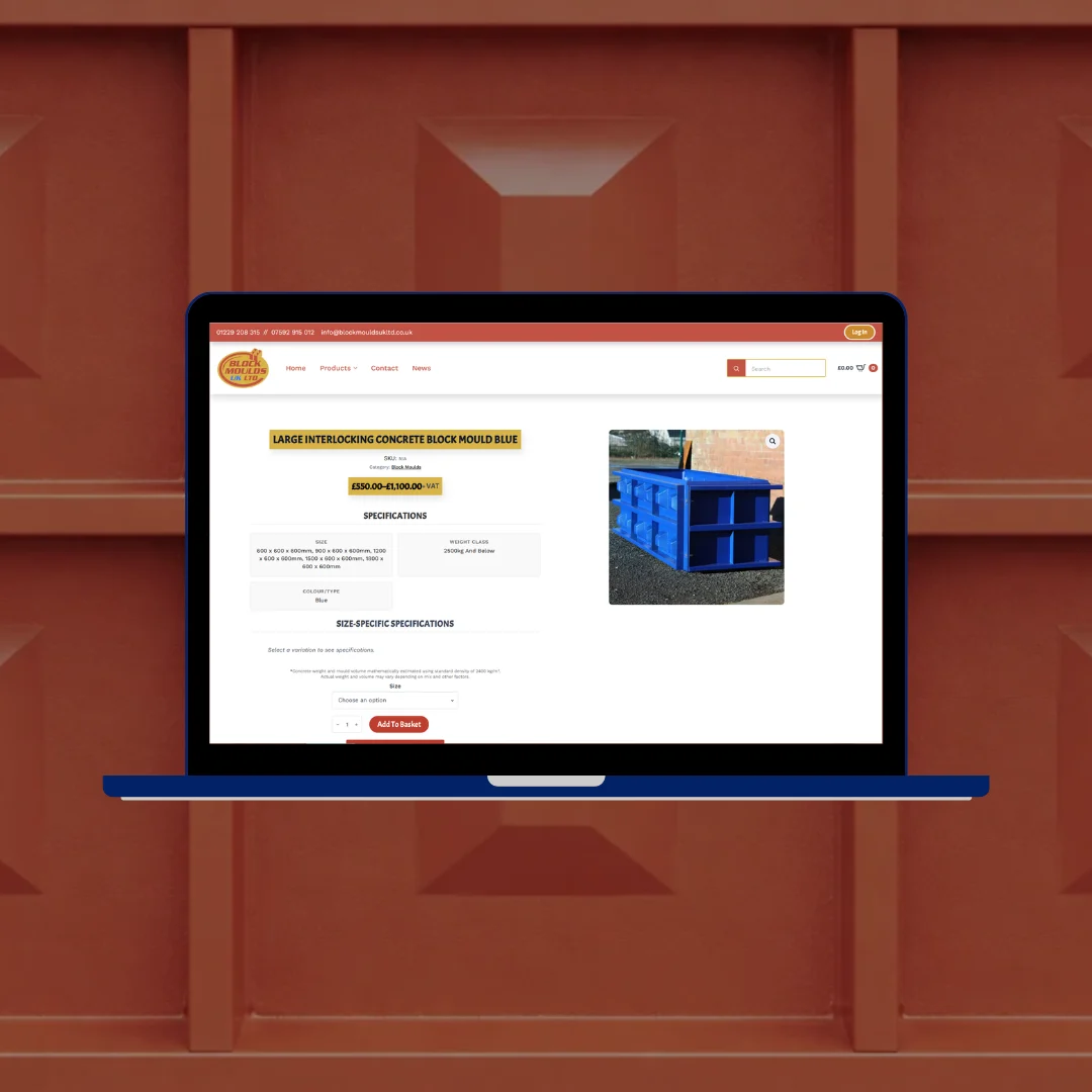 Laptop showing the Block Moulds UK Ltd blue large interlocking concrete block mould product page, set against a background of a red terracotta block mould showing the product in close up