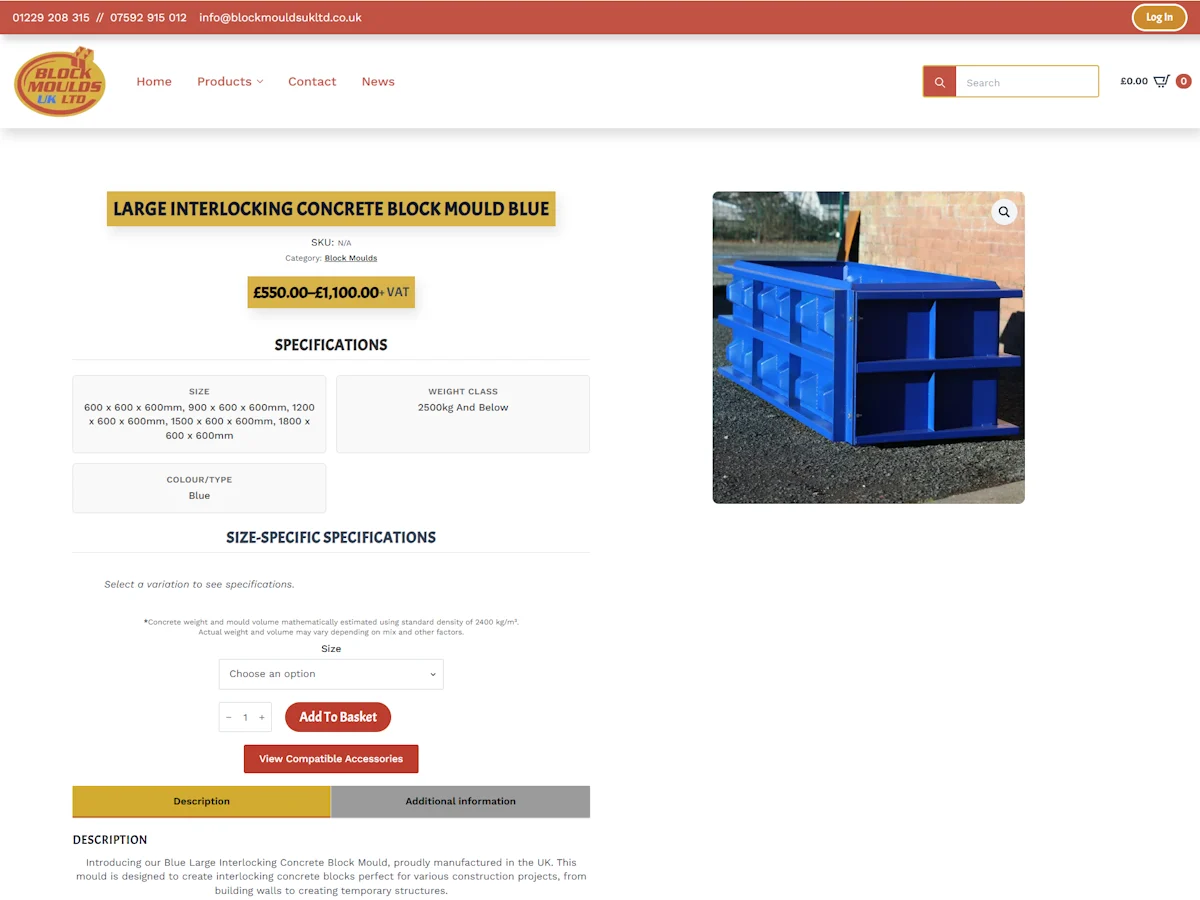 Block Moulds UK Ltd website product page for the large interlocking concrete block mould in blue, showing specifications, pricing from £550 to £1100 plus VAT, and product photo