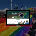 Laptop showing the Lakeland Life Events website homepage with event planning hero section and trusted by logos, displayed against the backdrop of a Pride by the Harbourside festival