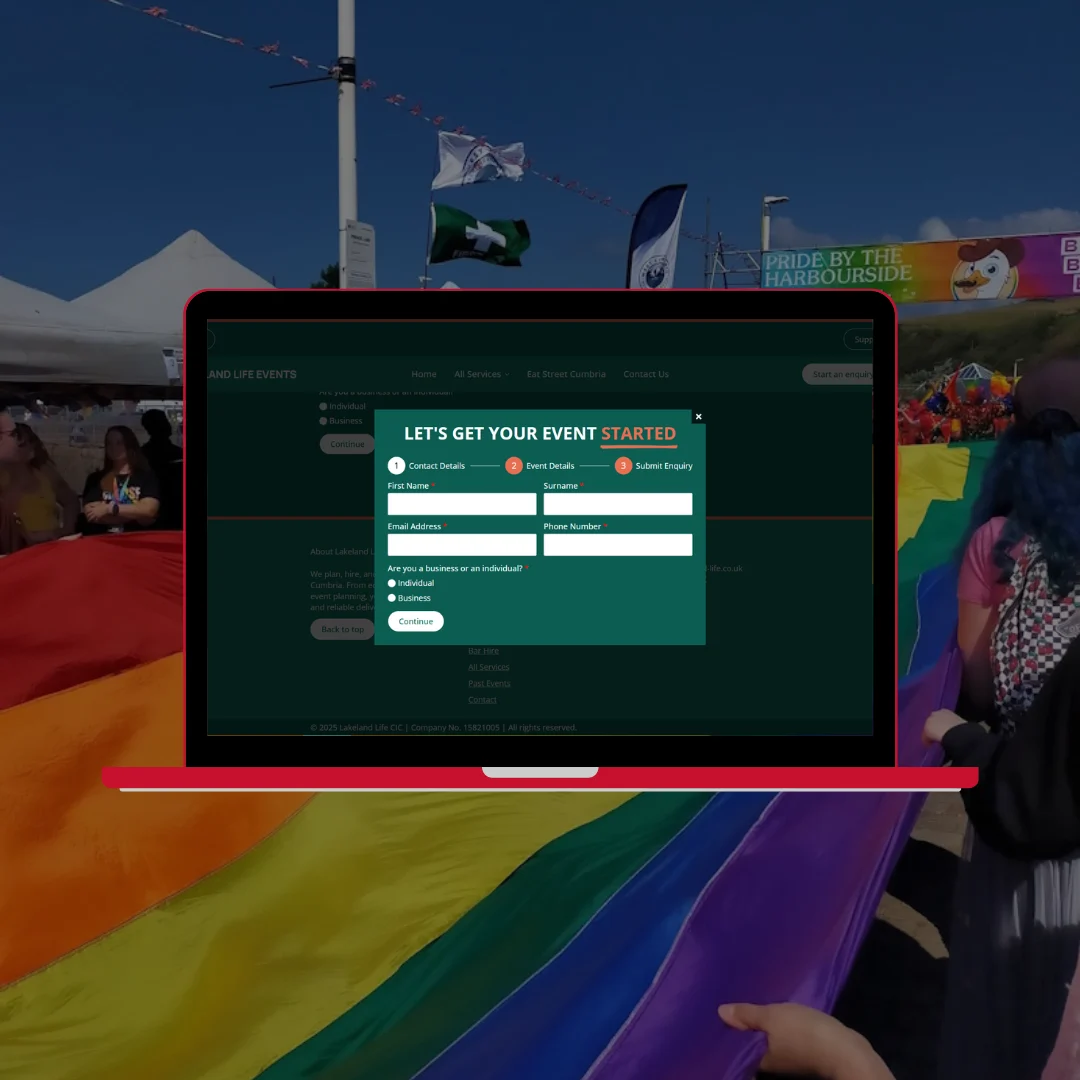Lakeland Life Events website showing an event enquiry popup form with steps for contact details, event details, and submit enquiry, with a colourful Pride event in the background