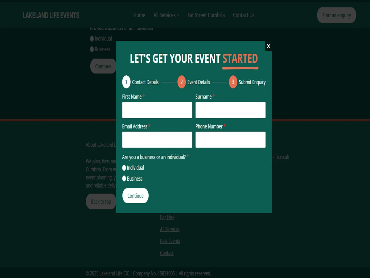 Lakeland Life Events website with event enquiry popup form open, showing step 1 contact details with fields for first name, surname, email address and phone number