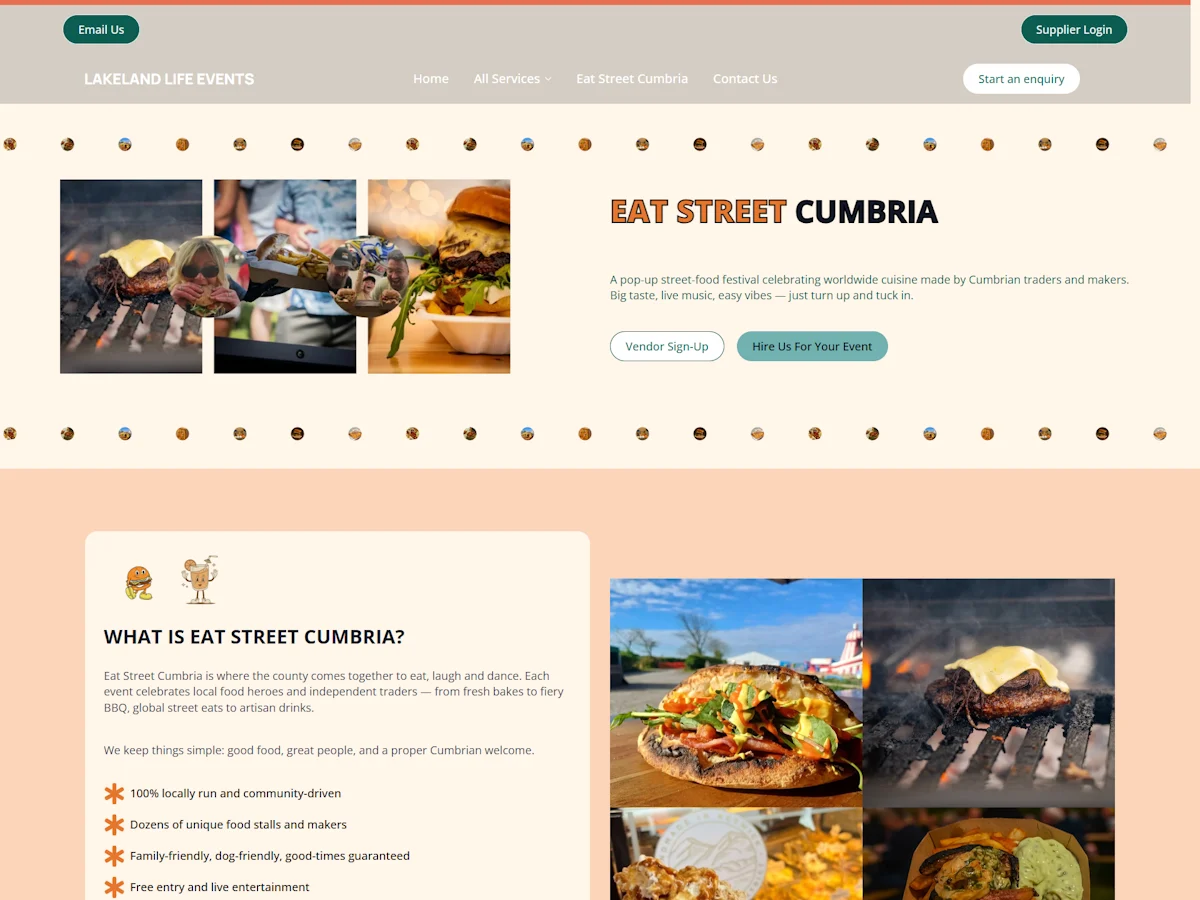 Eat Street Cumbria webpage showing the street food festival hero section with food photos and the What is Eat Street Cumbria information section