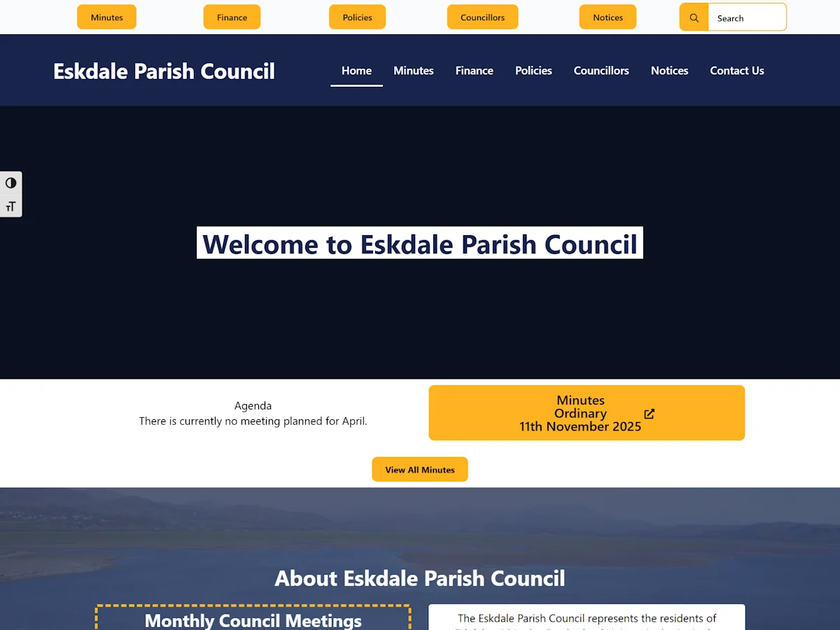 Eskdale Parish Council website full screenshot showing council homepage with navigation information sections and documents
