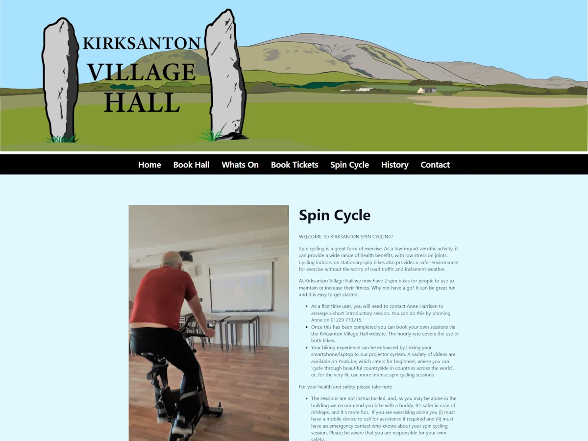 Kirksanton Village Hall website showing the spin cycle page with header logo of standing stones against Cumbrian hills, navigation menu, and spin cycling information with an image of a person cycling indoors