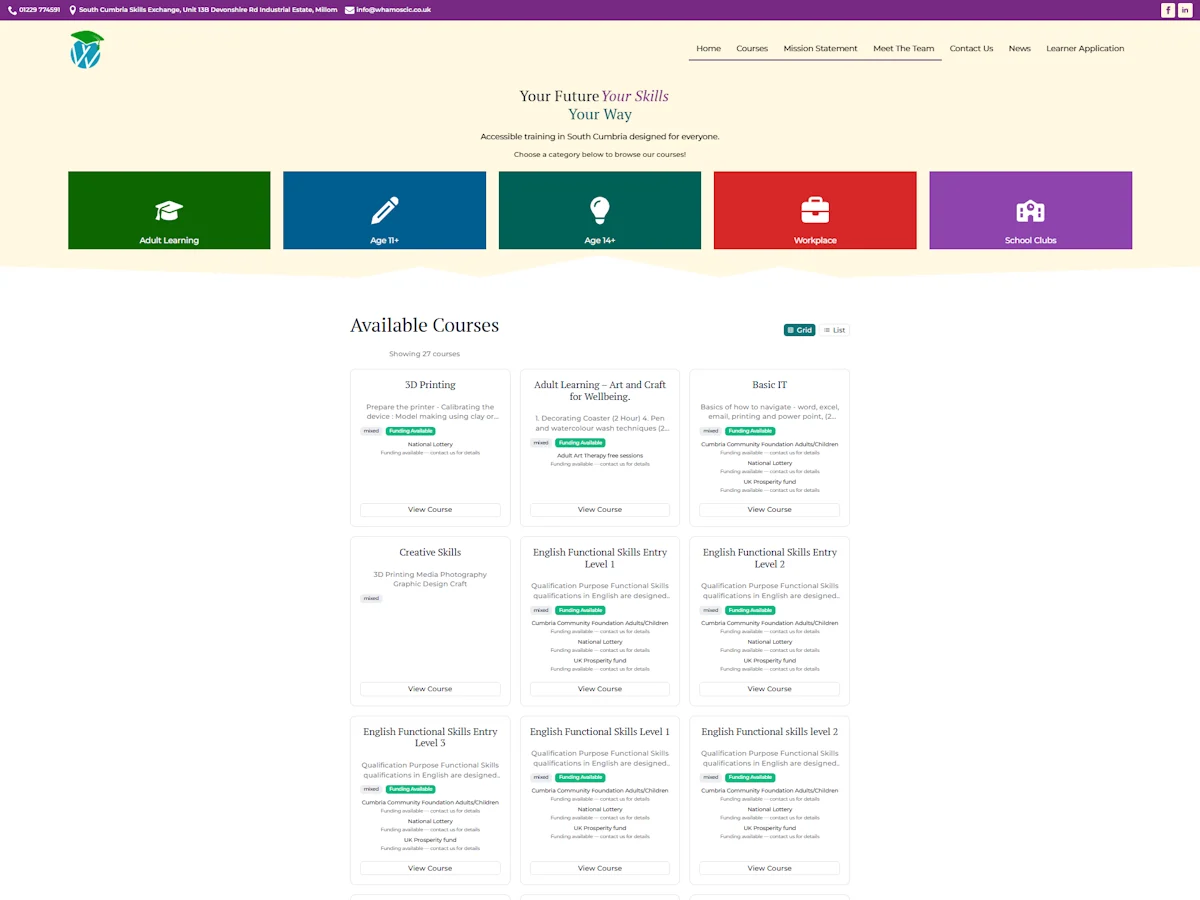 Whamos Training and Development website showing available courses and training programmes