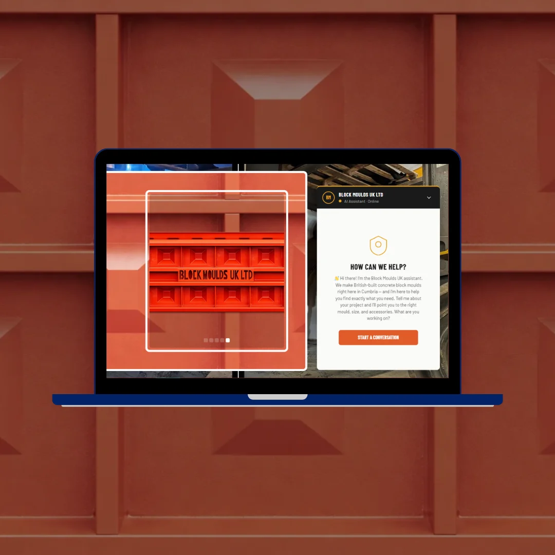 Laptop showing Block Moulds UK Ltd website with an AI chat assistant popup open offering to help customers find the right concrete block mould for their project, with block mould product images visible