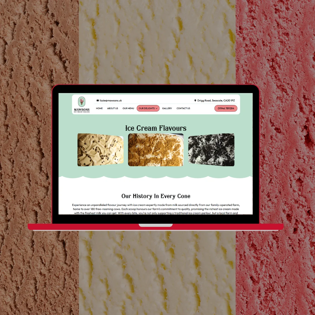 Laptop showing the Mawsons Ice Cream Parlour Our Delights page with ice cream flavour photos and Our History In Every Cone section, set against a background of colourful ice cream textures