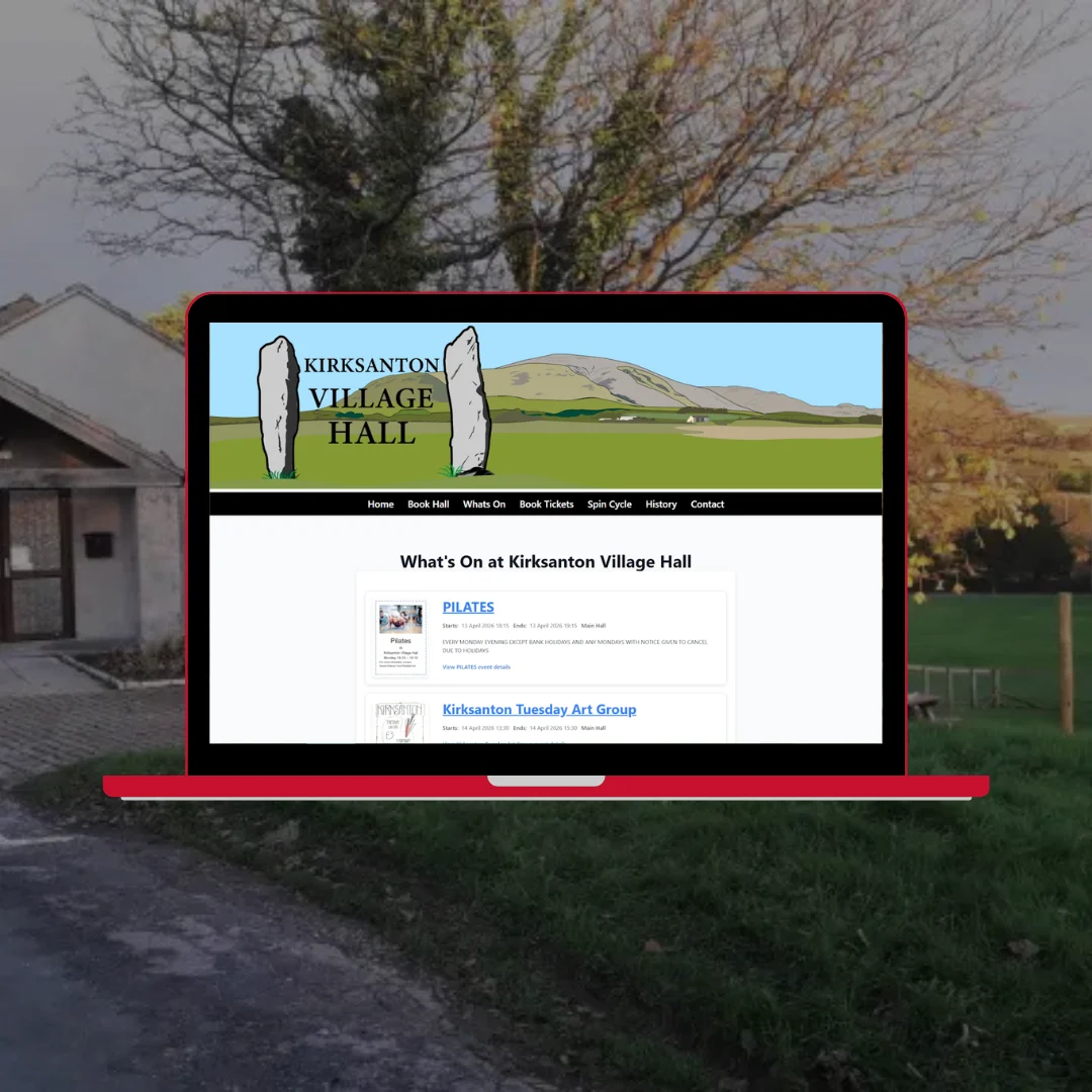Laptop displaying the Kirksanton Village Hall What's On events page showing Pilates and Tuesday Art Group listings, set against a rural Cumbrian autumn countryside backdrop