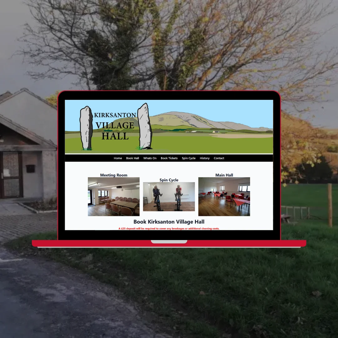 Laptop showing the Kirksanton Village Hall book hall page with three room options — Meeting Room, Spin Cycle Room, and Main Hall — set against a rural Cumbrian countryside backdrop