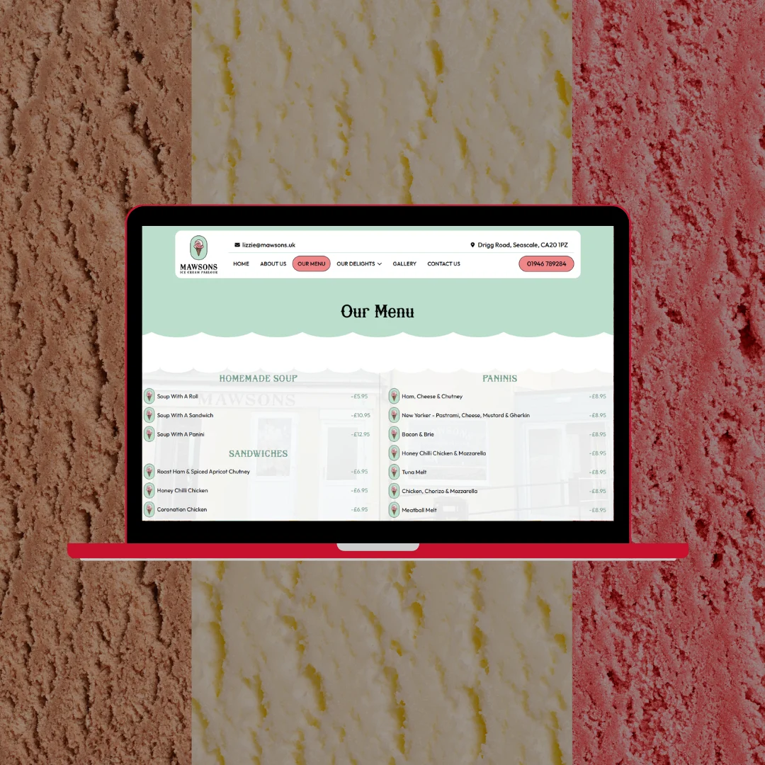 Laptop showing the Mawsons Ice Cream Parlour Our Menu page with homemade soups, sandwiches and paninis listed with prices, set against a background of chocolate vanilla and strawberry ice cream textures
