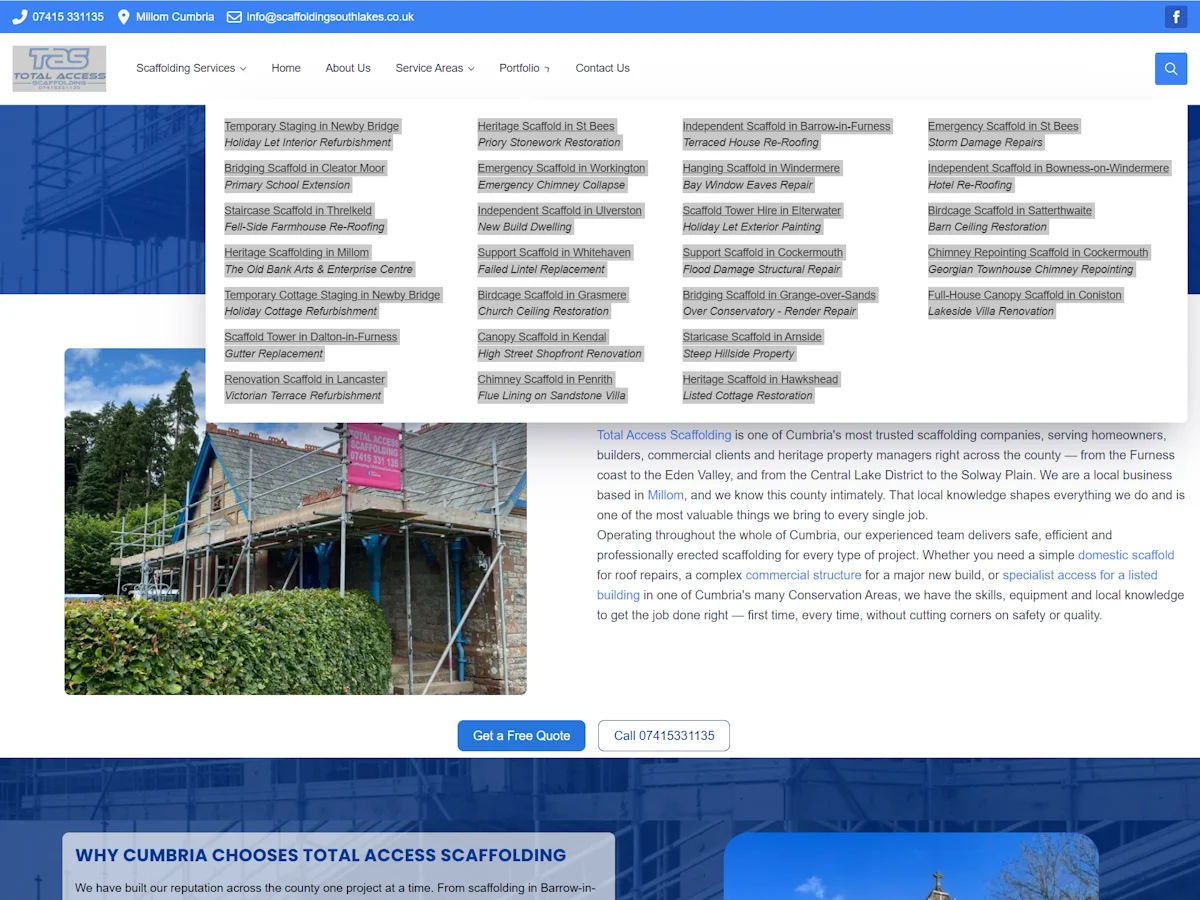 Total Access Scaffolding website portfolio page showing a grid of scaffolding projects across Cumbria including Barrow-in-Furness, Workington and Windermere, with company information and call to action buttons