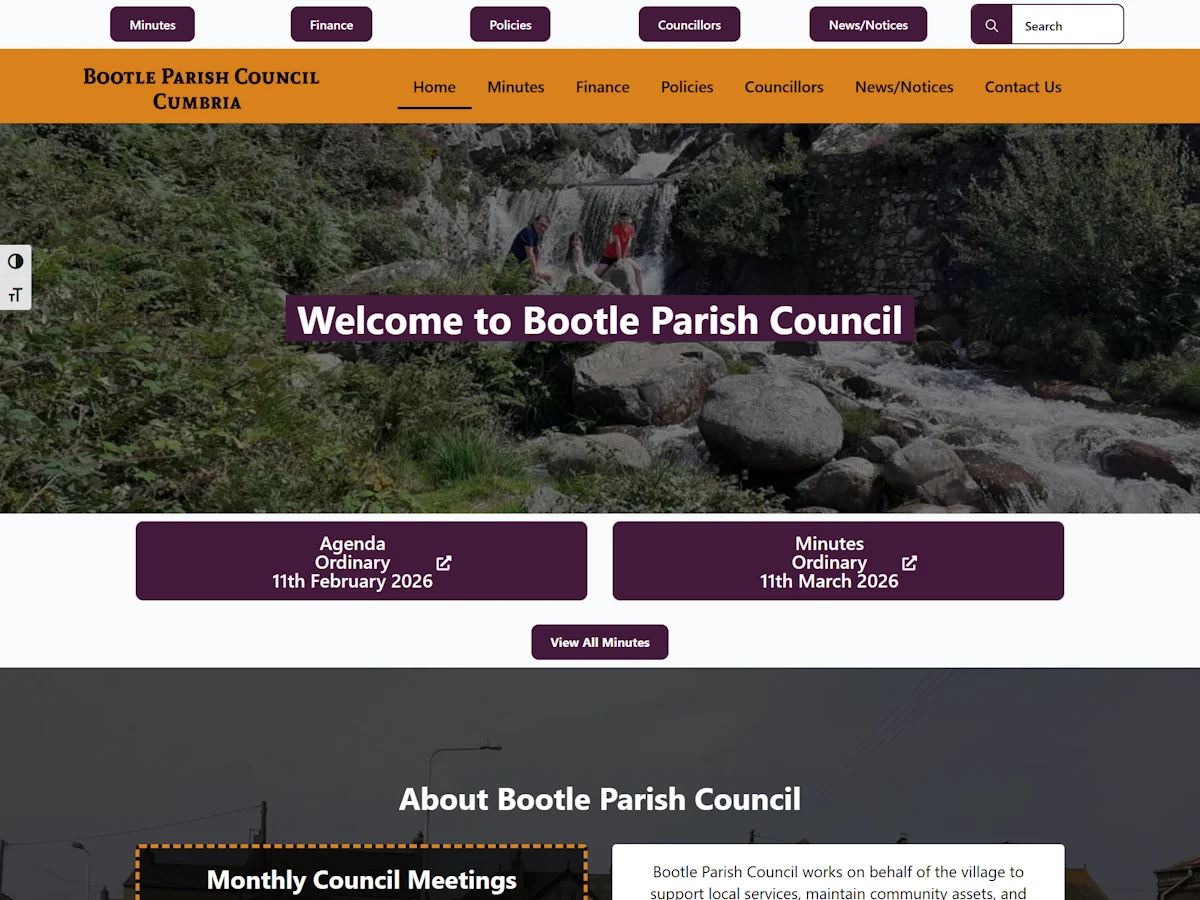 Bootle Parish Council website full screenshot showing homepage with council information documents and contact details