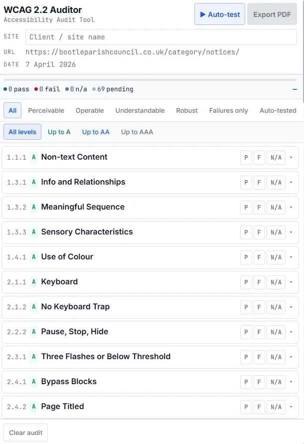 Technophobia WCAG 2.2 accessibility auditor tool desktop interface showing compliance checks and results