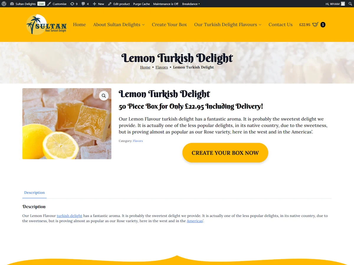 Sultan Delights lemon Turkish delight WooCommerce product page showing flavour details and create your box button