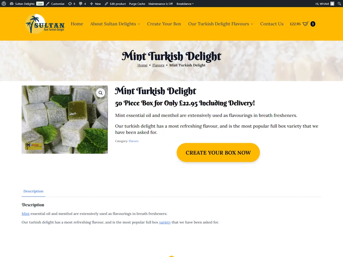 Sultan Delights mint Turkish delight WooCommerce product page showing 50 piece box for £22.95 with create your box button