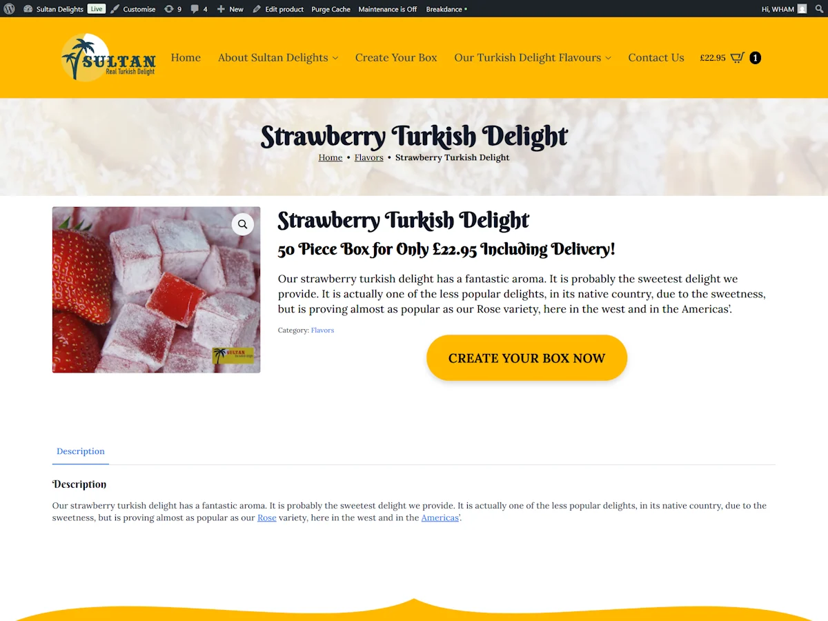 Sultan Delights strawberry Turkish delight WooCommerce product page showing flavour description and create your box button