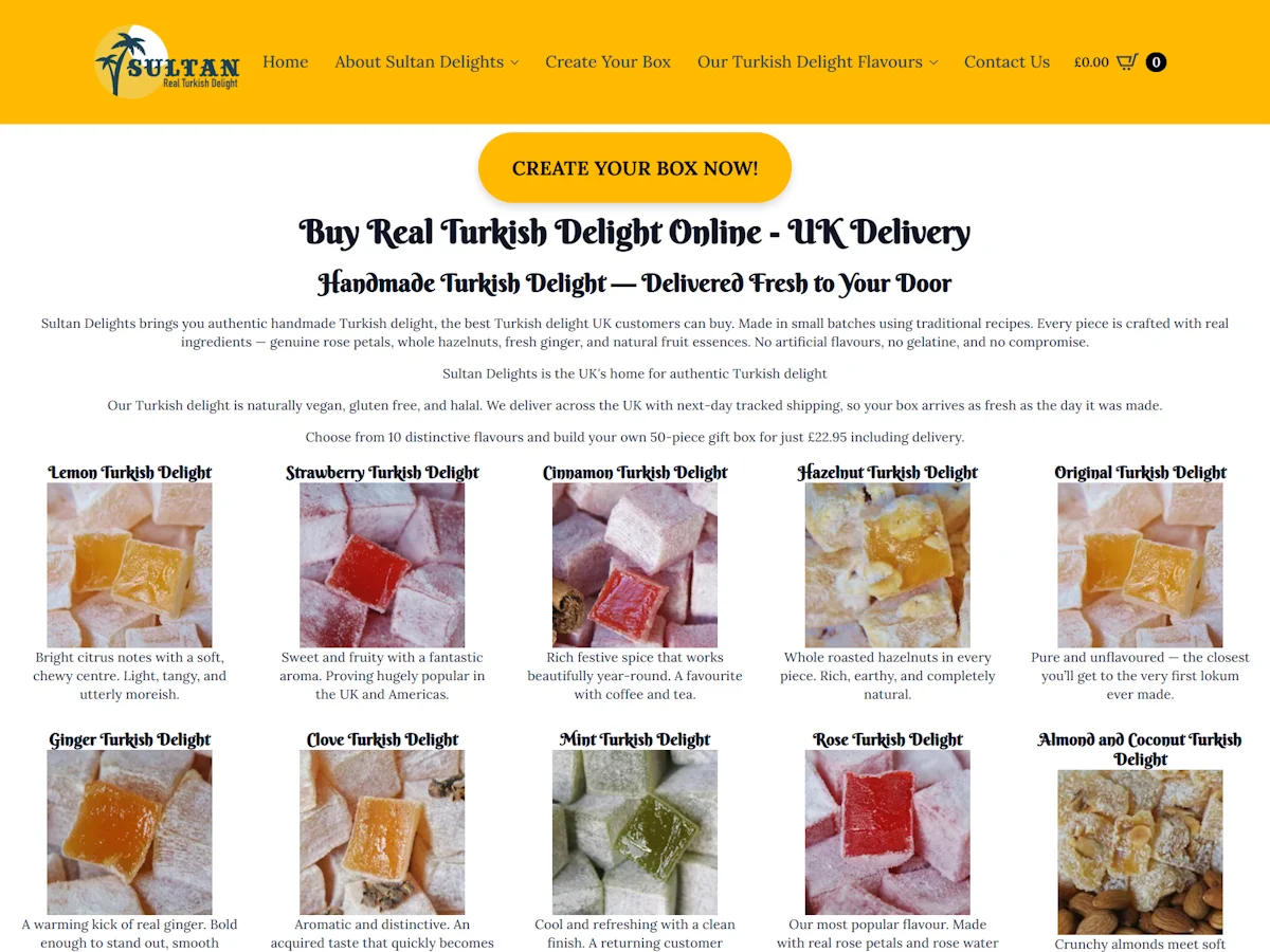 Sultan Delights website full page screenshot showing homepage with create your own box feature and Turkish delight flavour sections