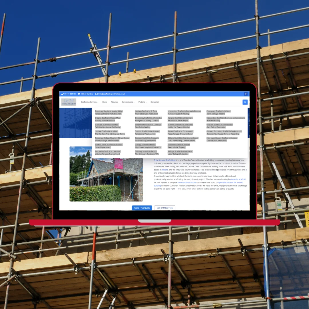 Laptop displaying the Total Access Scaffolding portfolio page with scaffolding project listings across Cumbria, set against a real-world background of scaffolding structure and blue sky