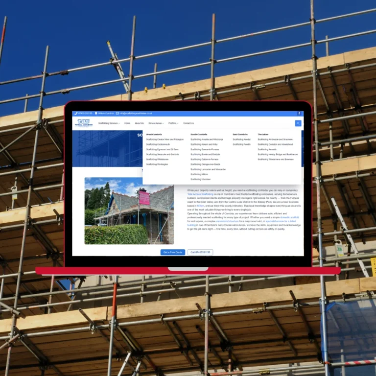 Laptop showing Total Access Scaffolding website service areas dropdown with Cumbrian locations