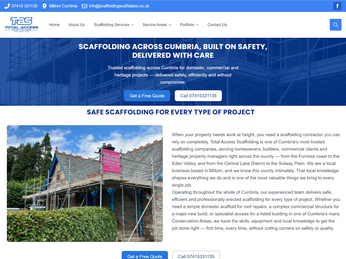 Total Access Scaffolding website full page screenshot showing homepage hero services navigation and coverage area sections