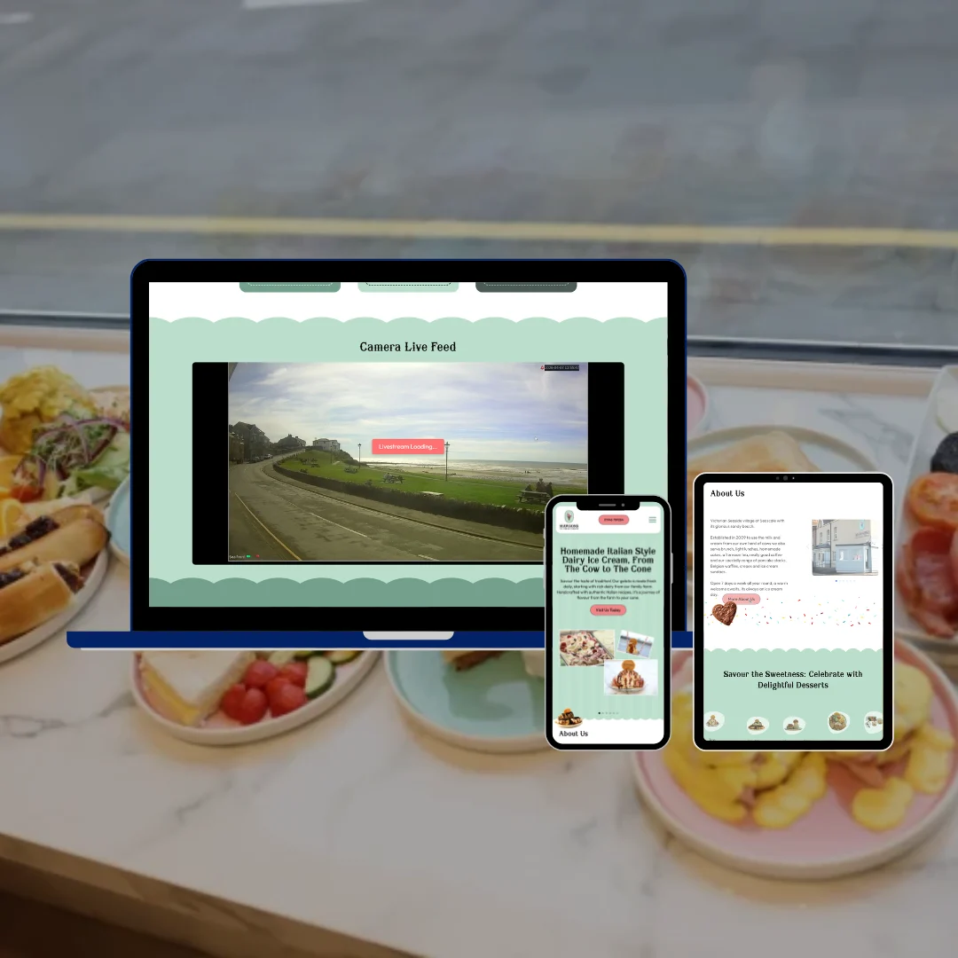 Multiple screens showing the Mawsons Ice Cream Parlour website across desktop tablet and mobile devices