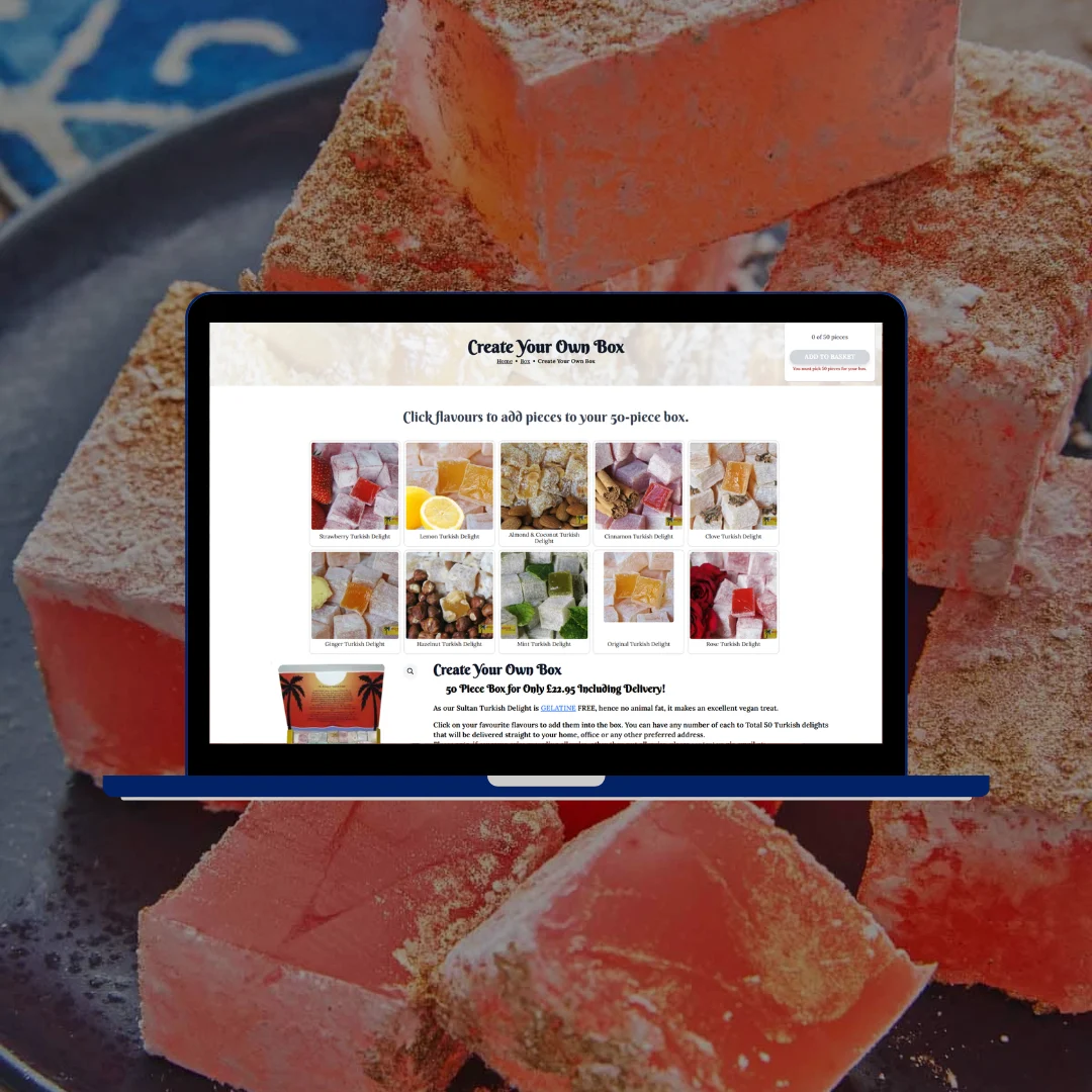 Sultan Delights create your own box page on laptop showing flavour selection grid with Turkish delight pieces in background