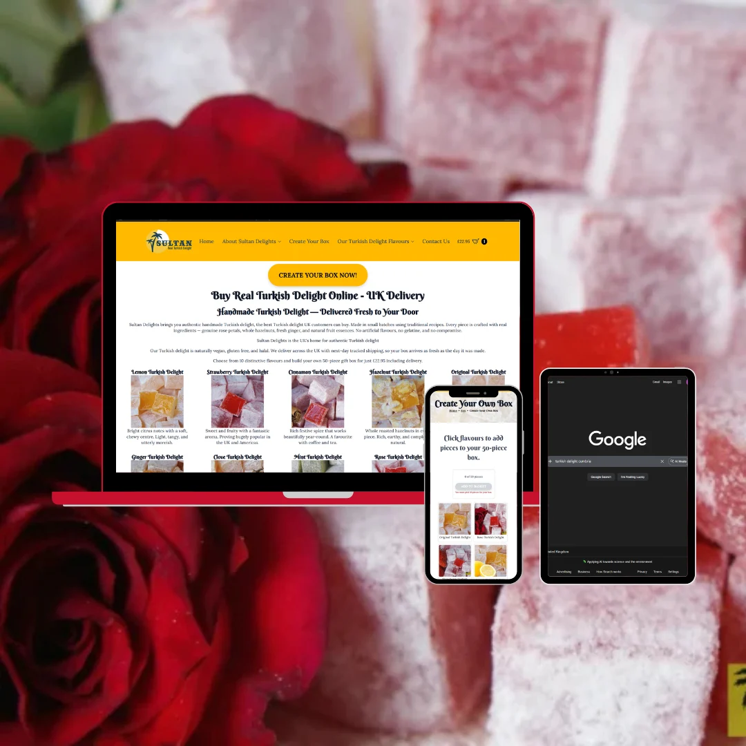 Sultan Delights website shown on laptop, tablet and mobile devices against a background of fresh red roses and Turkish delight