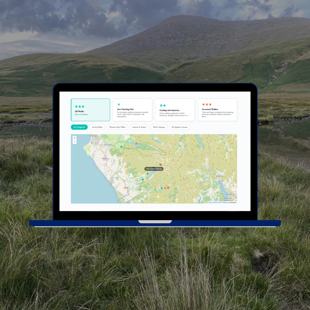 Way Out West activities and interactive map on blue laptop showing walk routes and activity pins across the Lake District against moorland fells