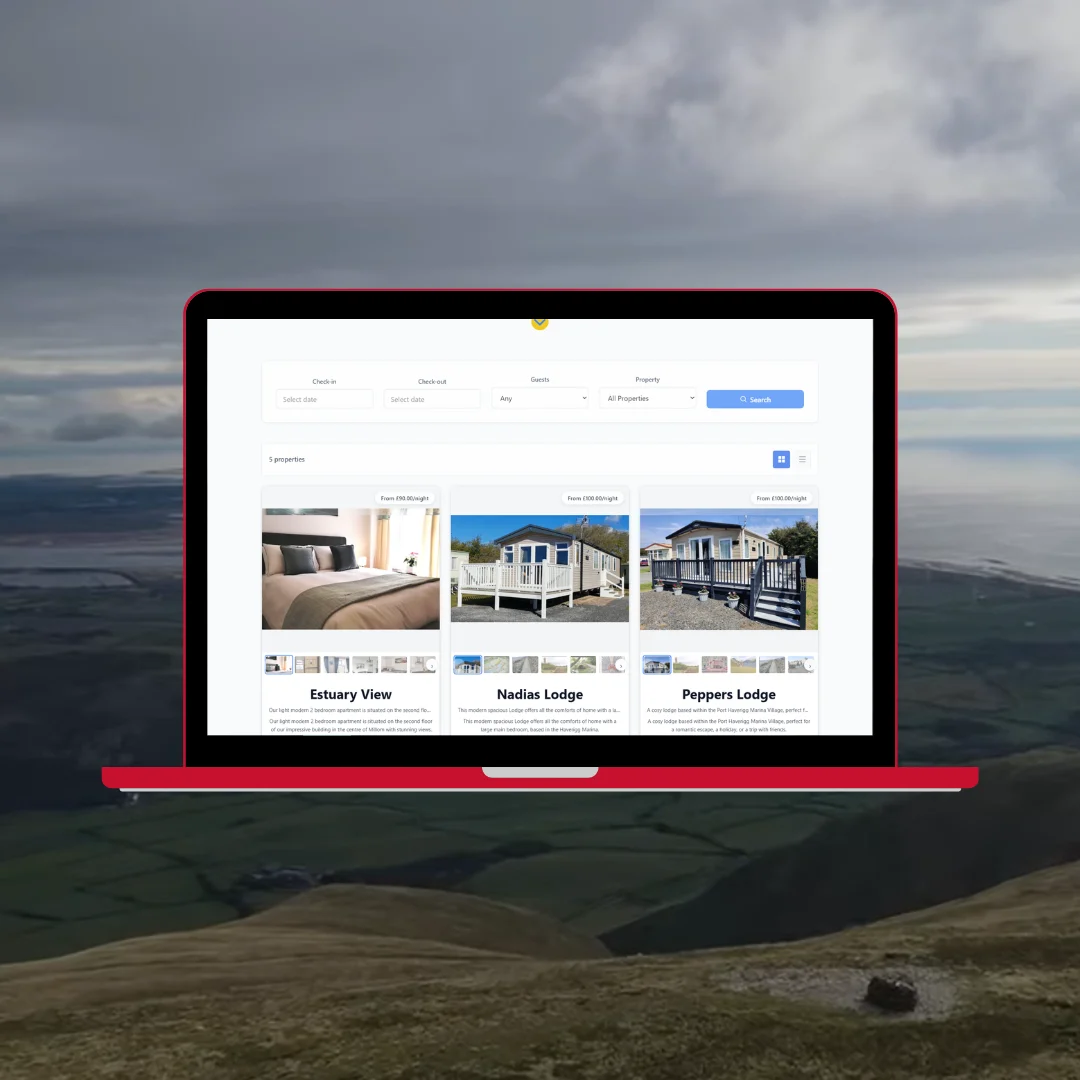 West Lakes Stays property listings page showing holiday cottages with photos prices and book now buttons