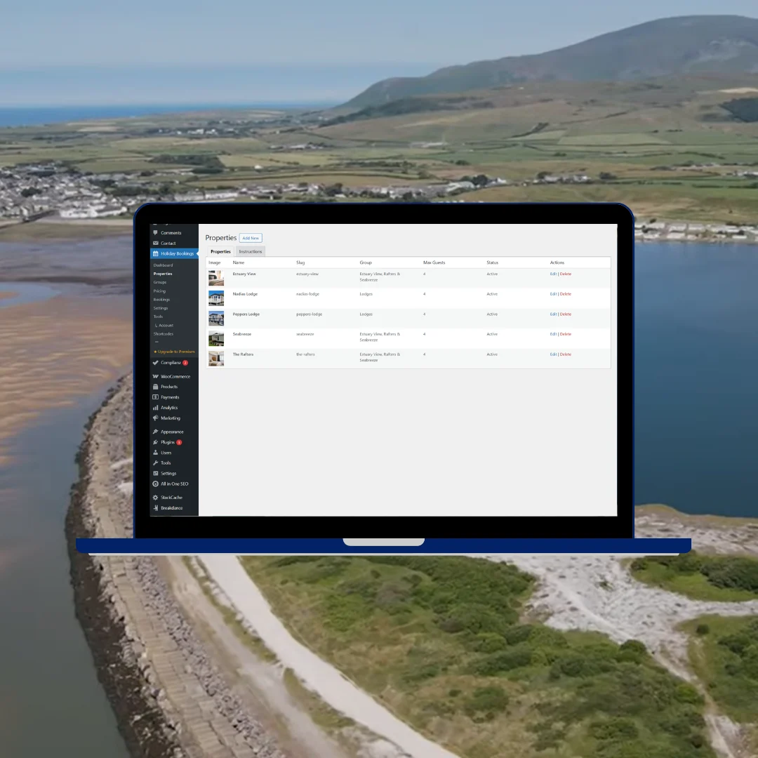 West Lakes Stays property listing management screen showing multiple holiday cottage properties with status and booking information