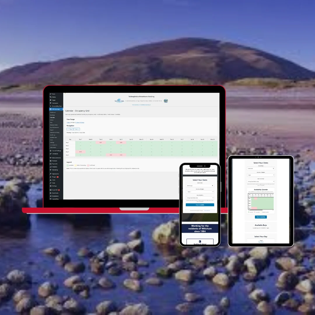 Multiple screen sizes showing the Whicham Motorhome Booking website across desktop tablet and mobile devices