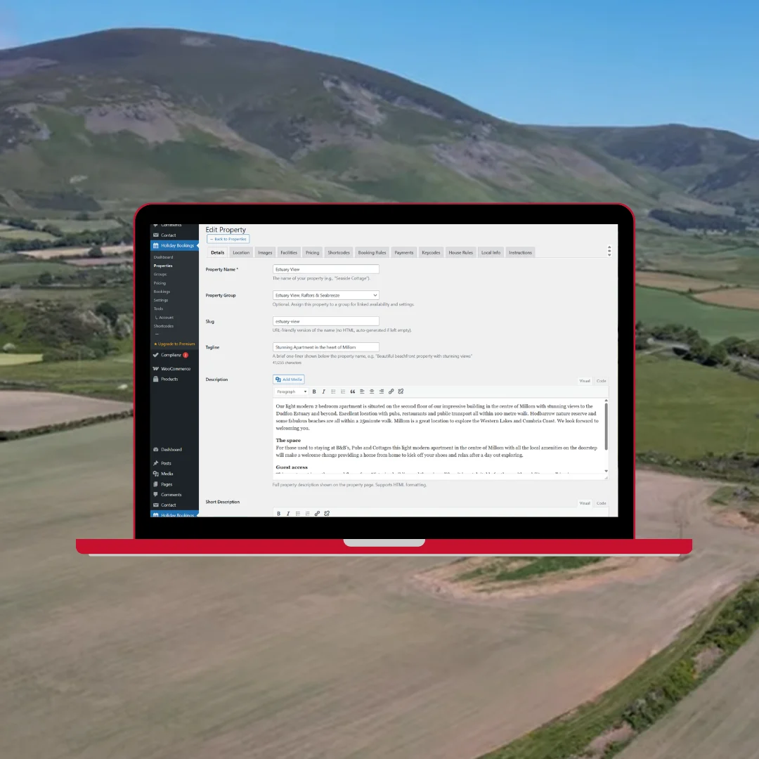 West Lakes Stays property management editing interface on laptop showing property details and availability settings