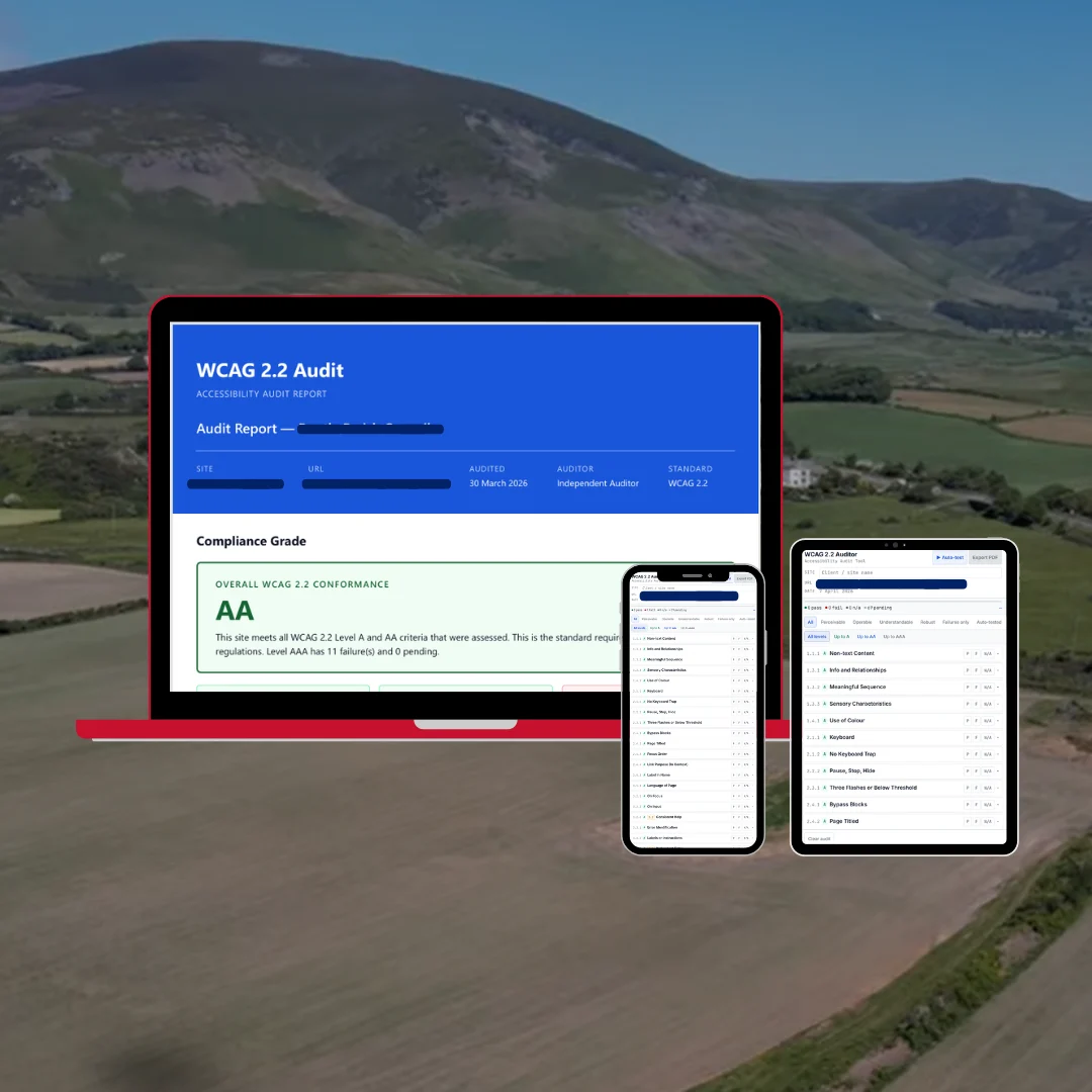 Multiple screens showing WCAG 2.2 accessibility compliance on parish council websites across desktop tablet and mobile