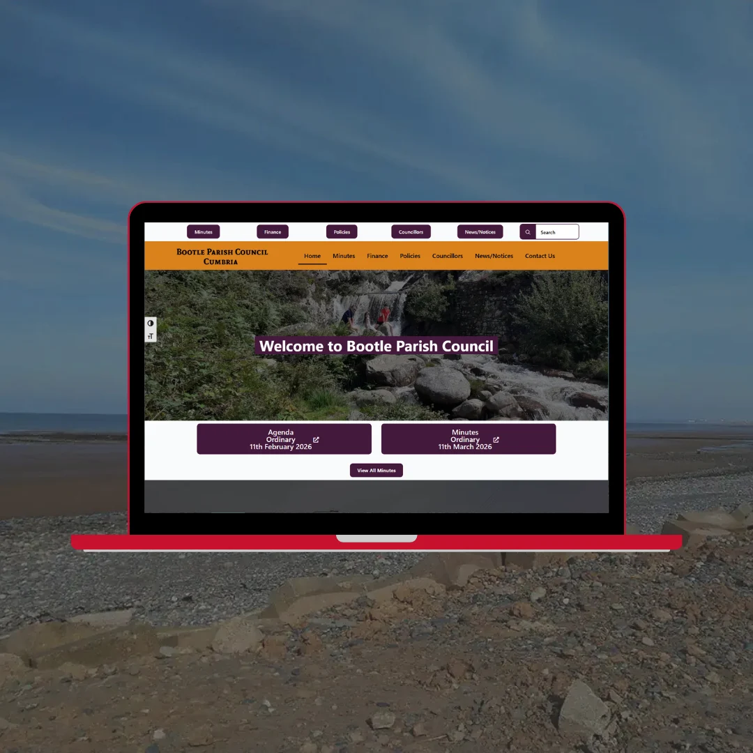 Bootle Parish Council website on laptop showing homepage with council information and navigation