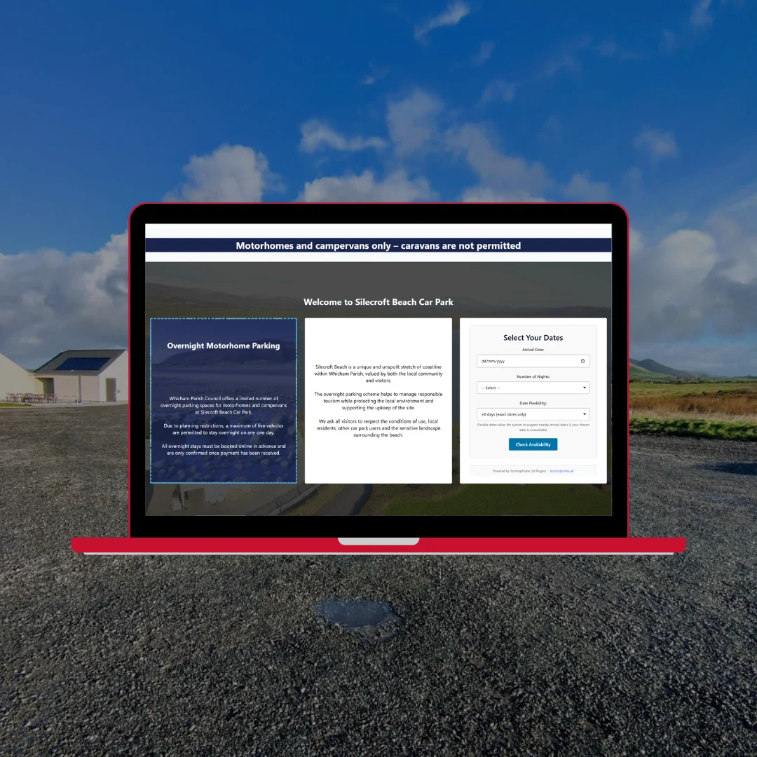 Motorhome booking website shown on a council website screenshot on laptop demonstrating integrated booking functionality