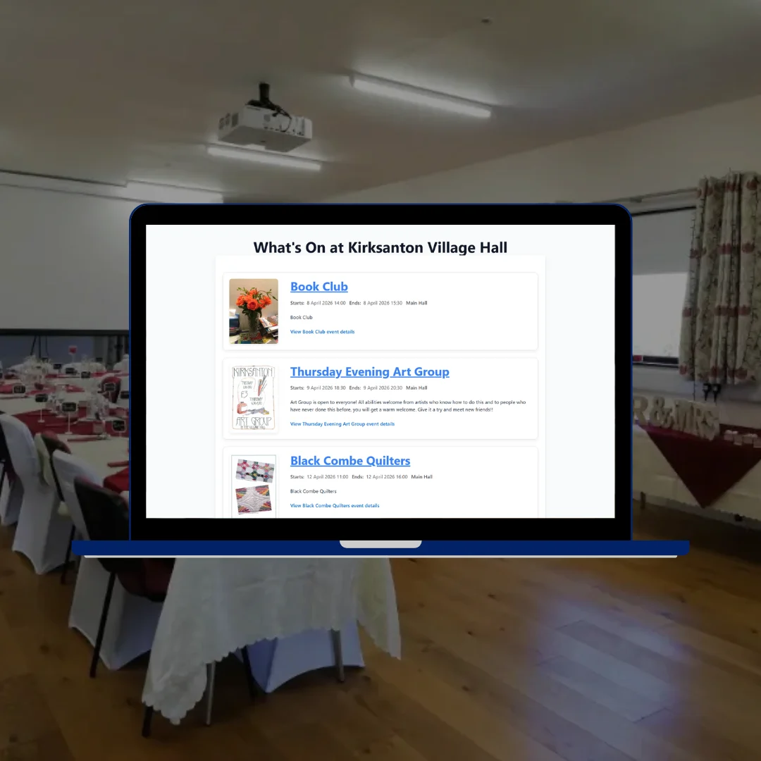 Kirksanton Village Hall website what's on page showing community events including Pilates and art group listings