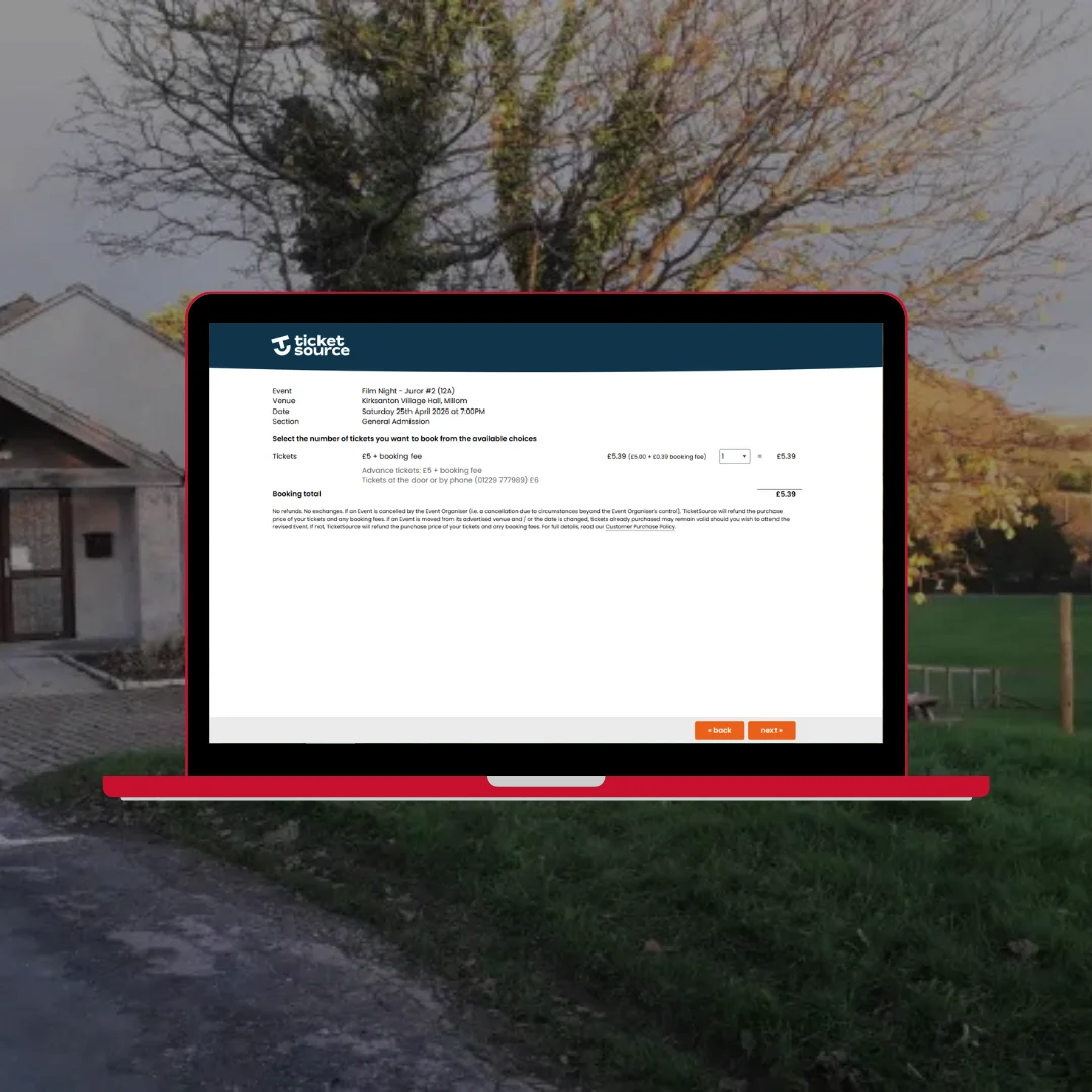 Kirksanton Village Hall website buy a ticket page on laptop showing ticket selection and checkout process