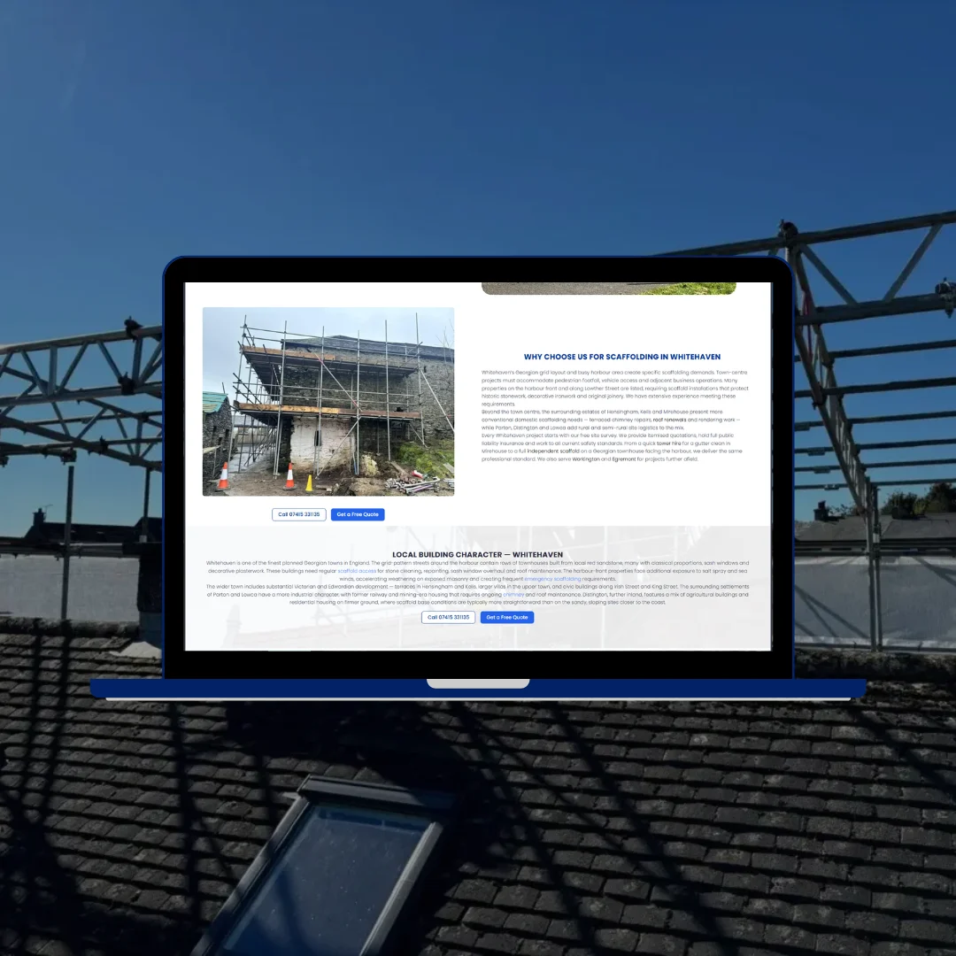 Total Access Scaffolding Whitehaven SEO location page showing scaffolding services and local content on laptop