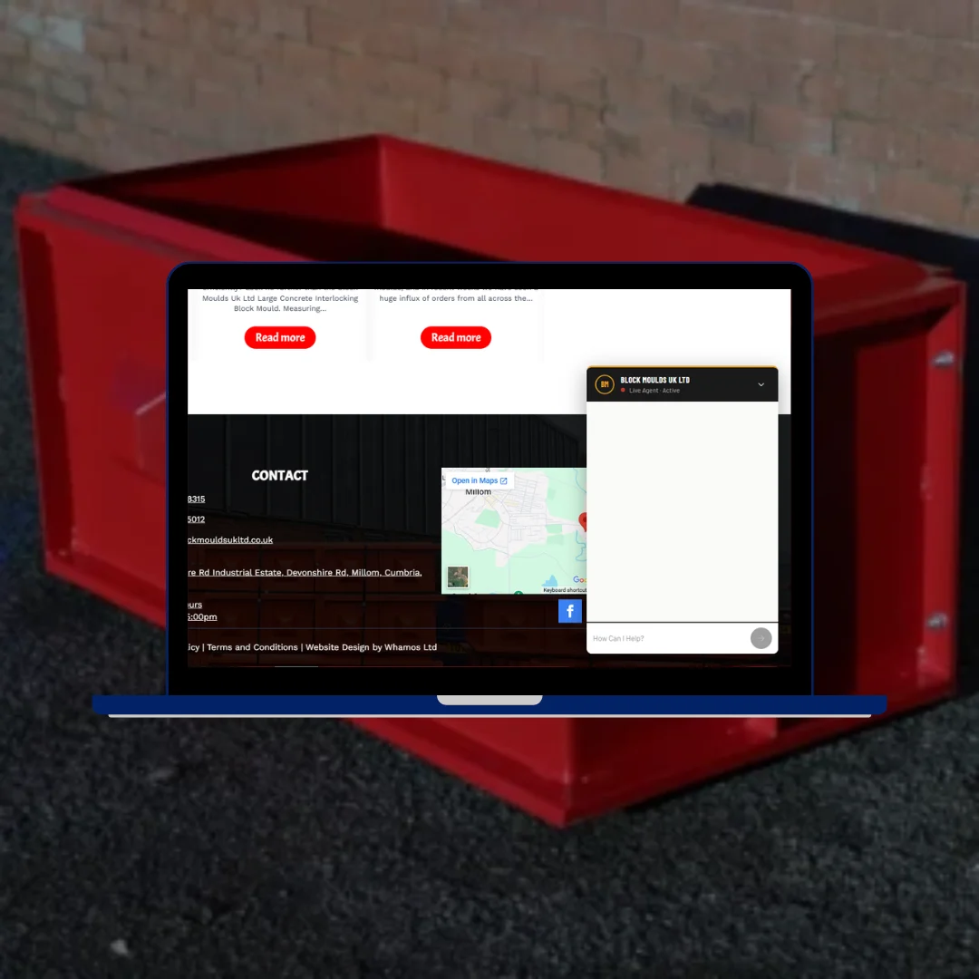 Block Moulds UK Ltd website with AI web agent interface showing product navigation categories and homepage sections