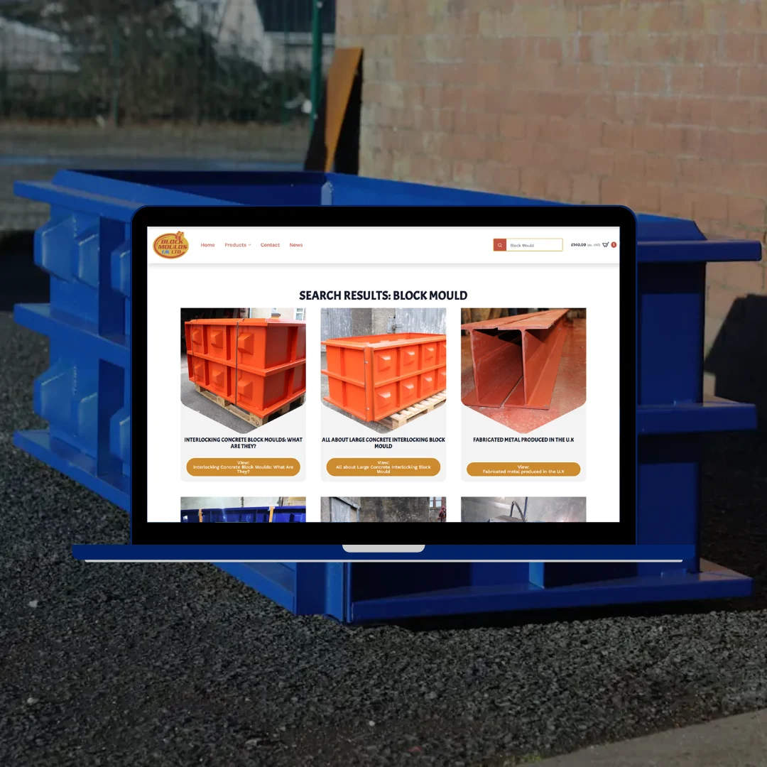 Block Moulds UK Ltd website search results page showing block mould product listings with prices and add to basket buttons