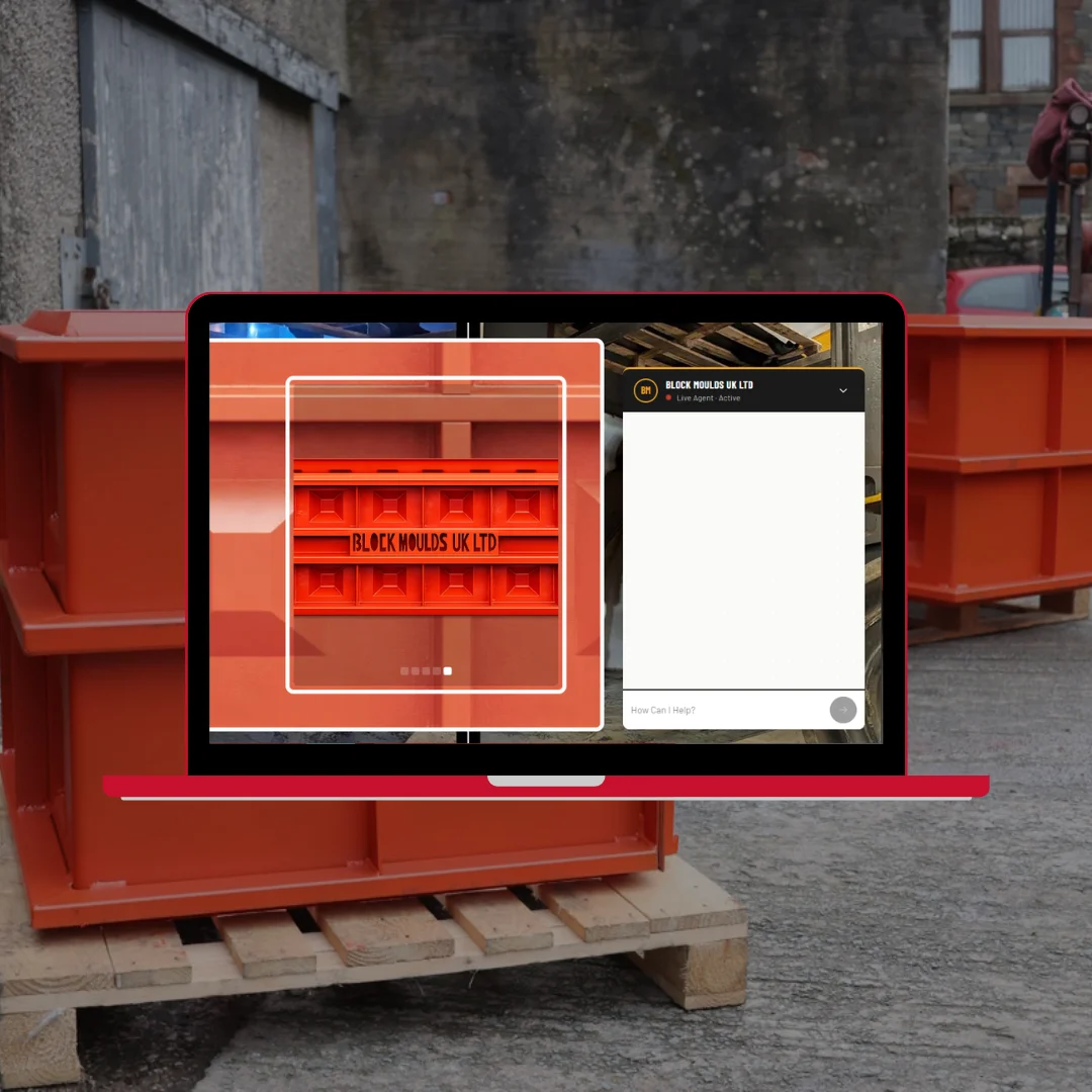 Block Moulds UK Ltd website showing AI chat assistant popup with start a conversation button and product sections visible