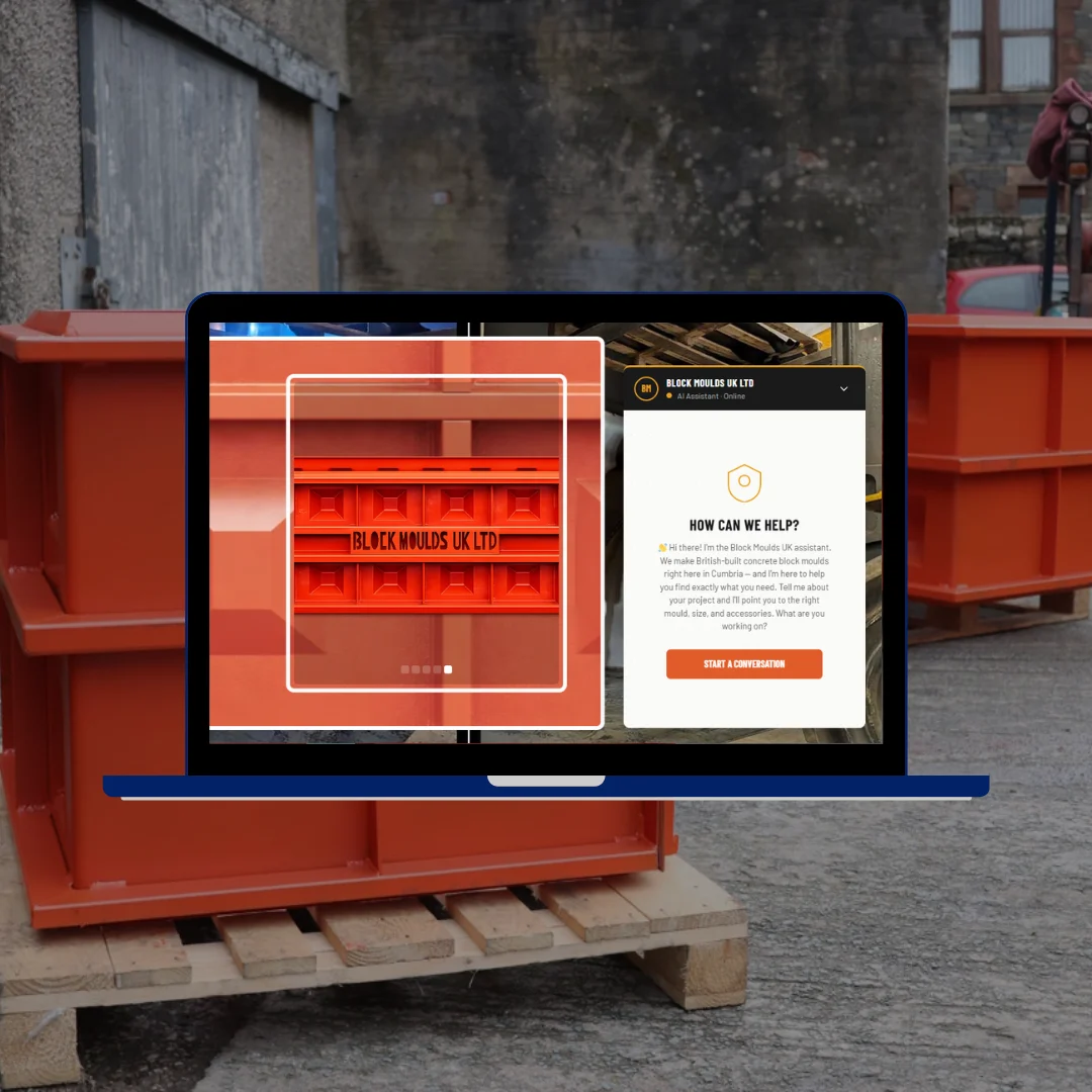 Block Moulds UK Ltd website with AI chat agent interface open showing product navigation and homepage hero
