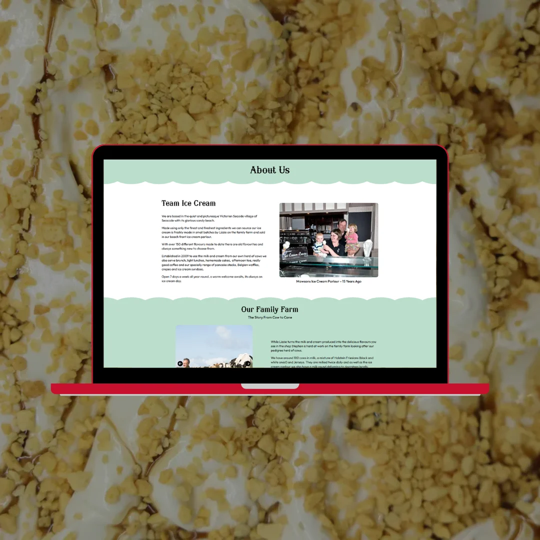 Mawsons Ice Cream Parlour about us page on laptop showing the parlour history and family farm background